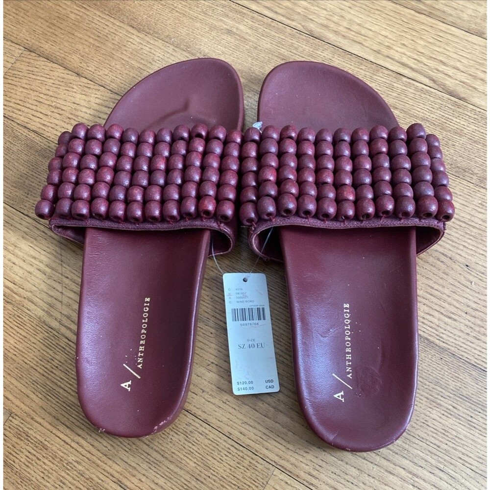 NWT $120 Anthropologie Beaded Slide Sandals 9/9.5 Burgundy Indie Boho Hippie